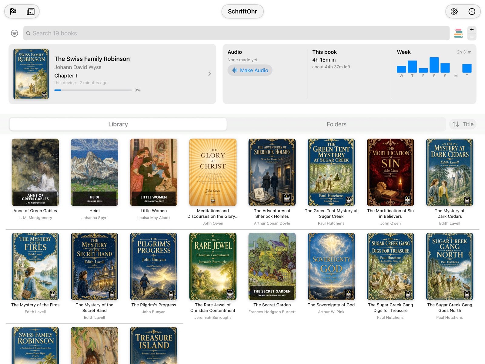 The first page on iPad: the book in hand, its audio, the week's reading, and the library's covers