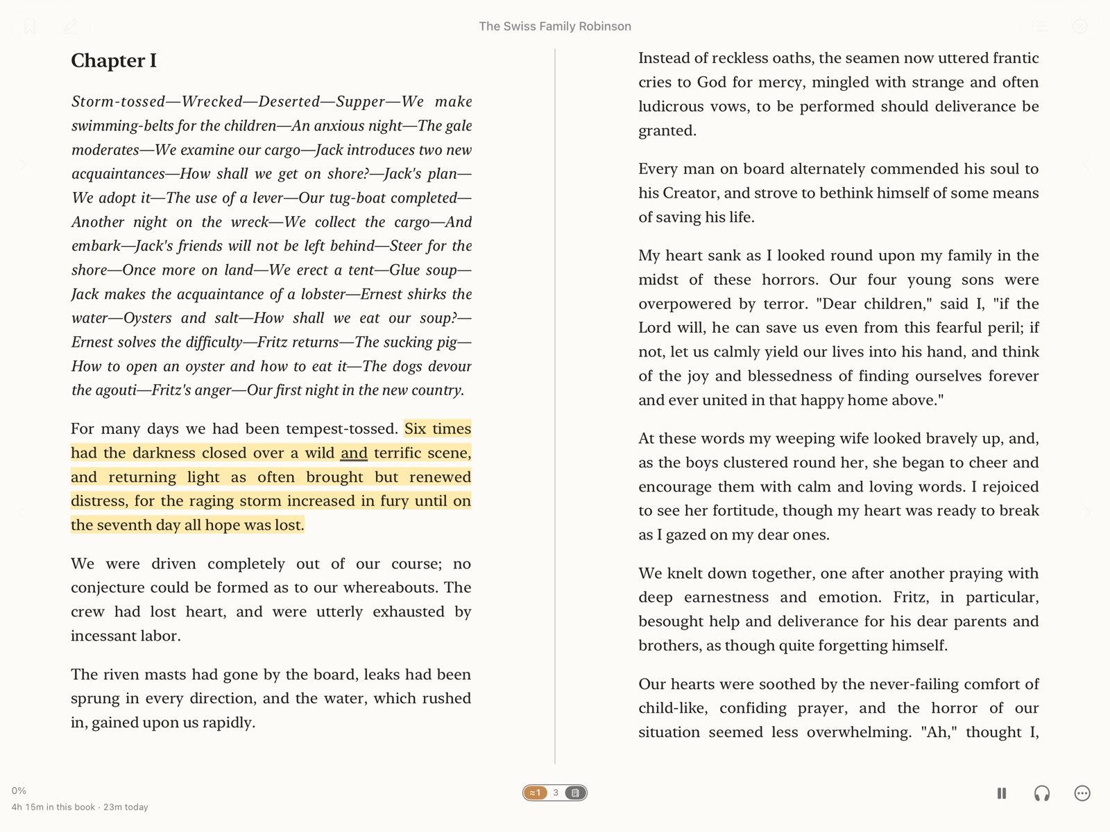 A two-page spread on iPad with the spoken sentence highlighted