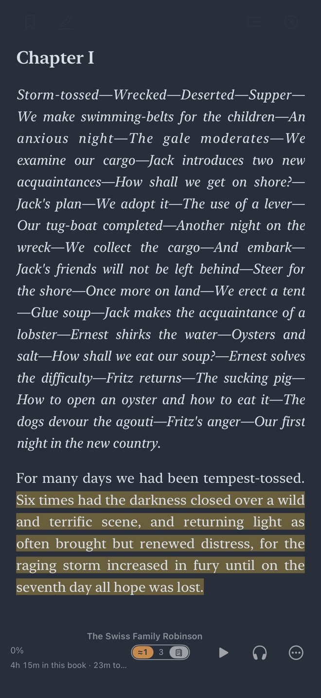 The same page at night, dark, with the sentence being read marked