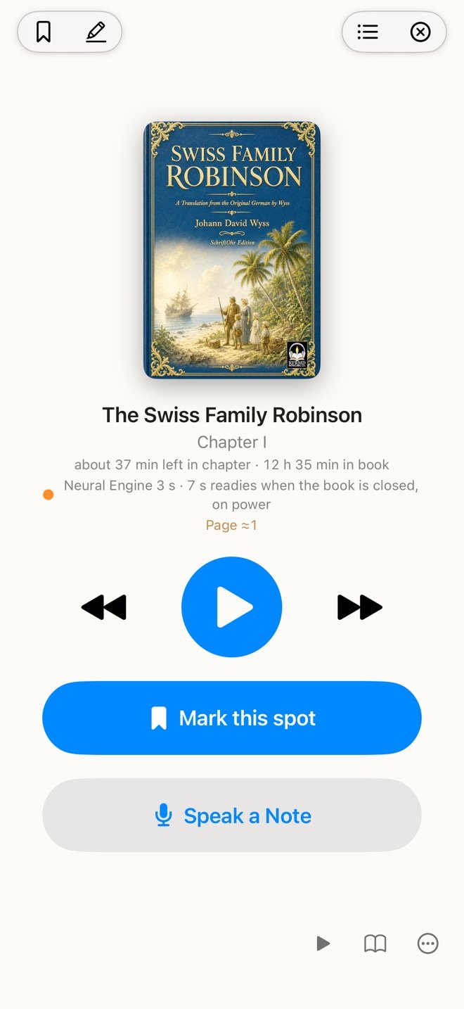 The Listen page: the book's cover, play and skip, Mark this spot and Speak a Note