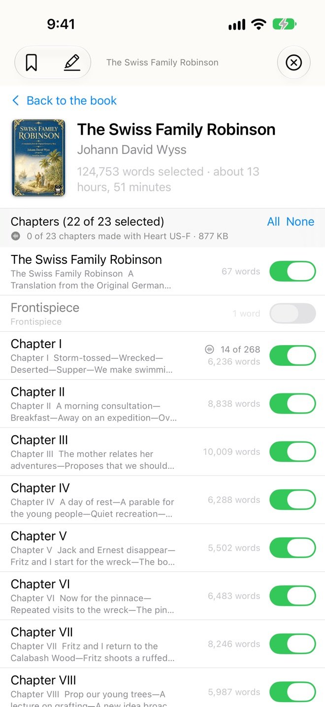 Make Audio: the book's chapters, each with a switch, and how long the audio will run