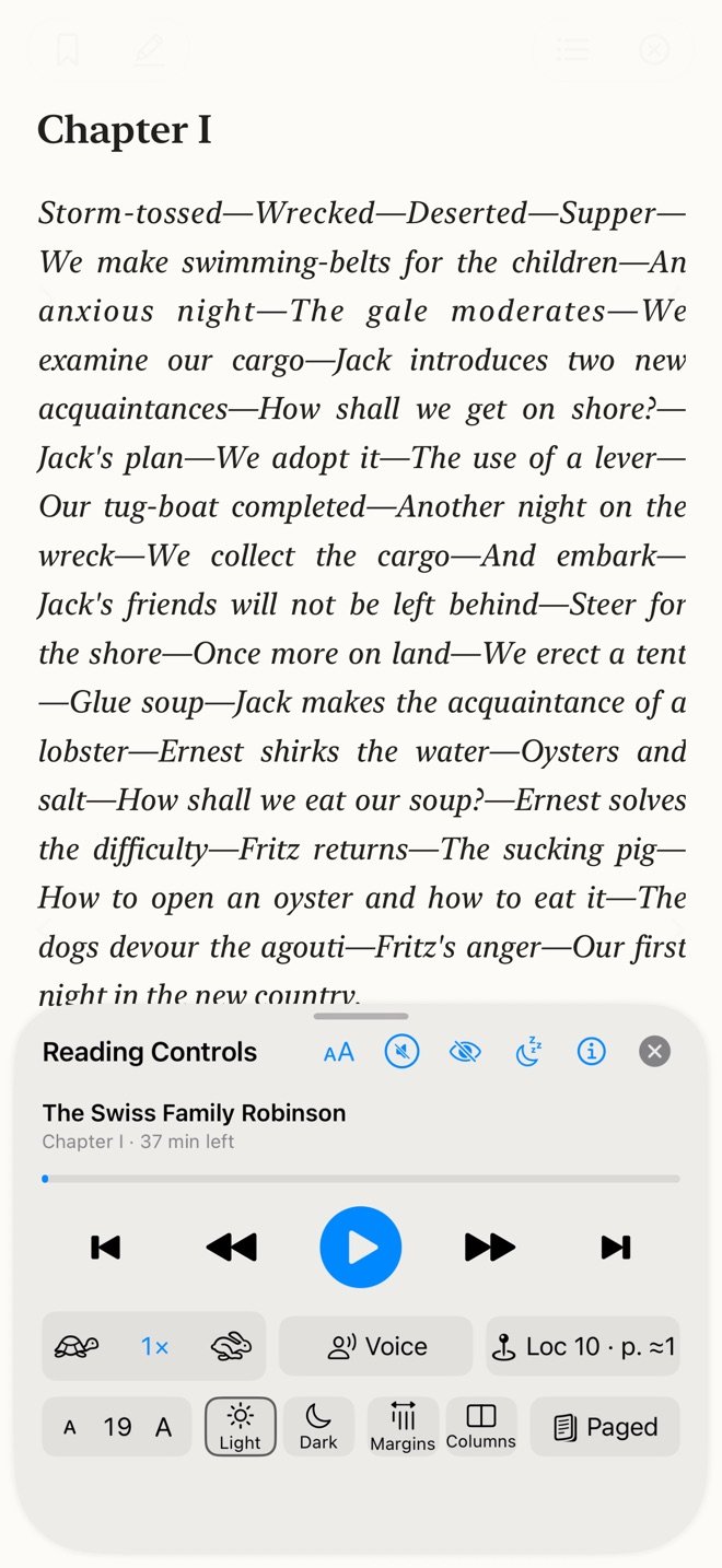 Reading Controls open over the page: speed, voice, text size, light and dark, margins, paged or scroll