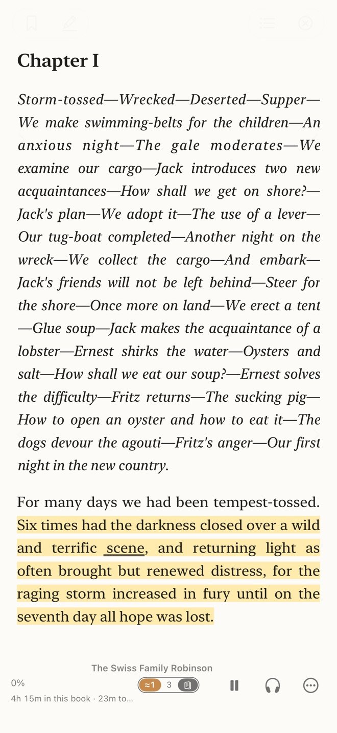 The same book on iPhone, the spoken sentence highlighted and its word underlined