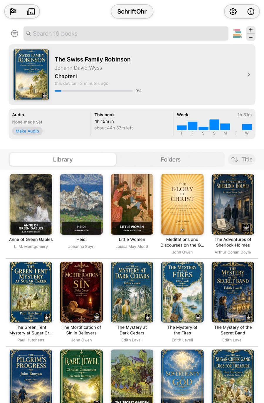 The first page on iPad mini: the book in hand, its audio, the week, and the library