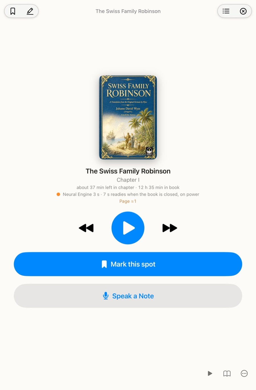 The Listen page: the cover, play and skip, Mark this spot