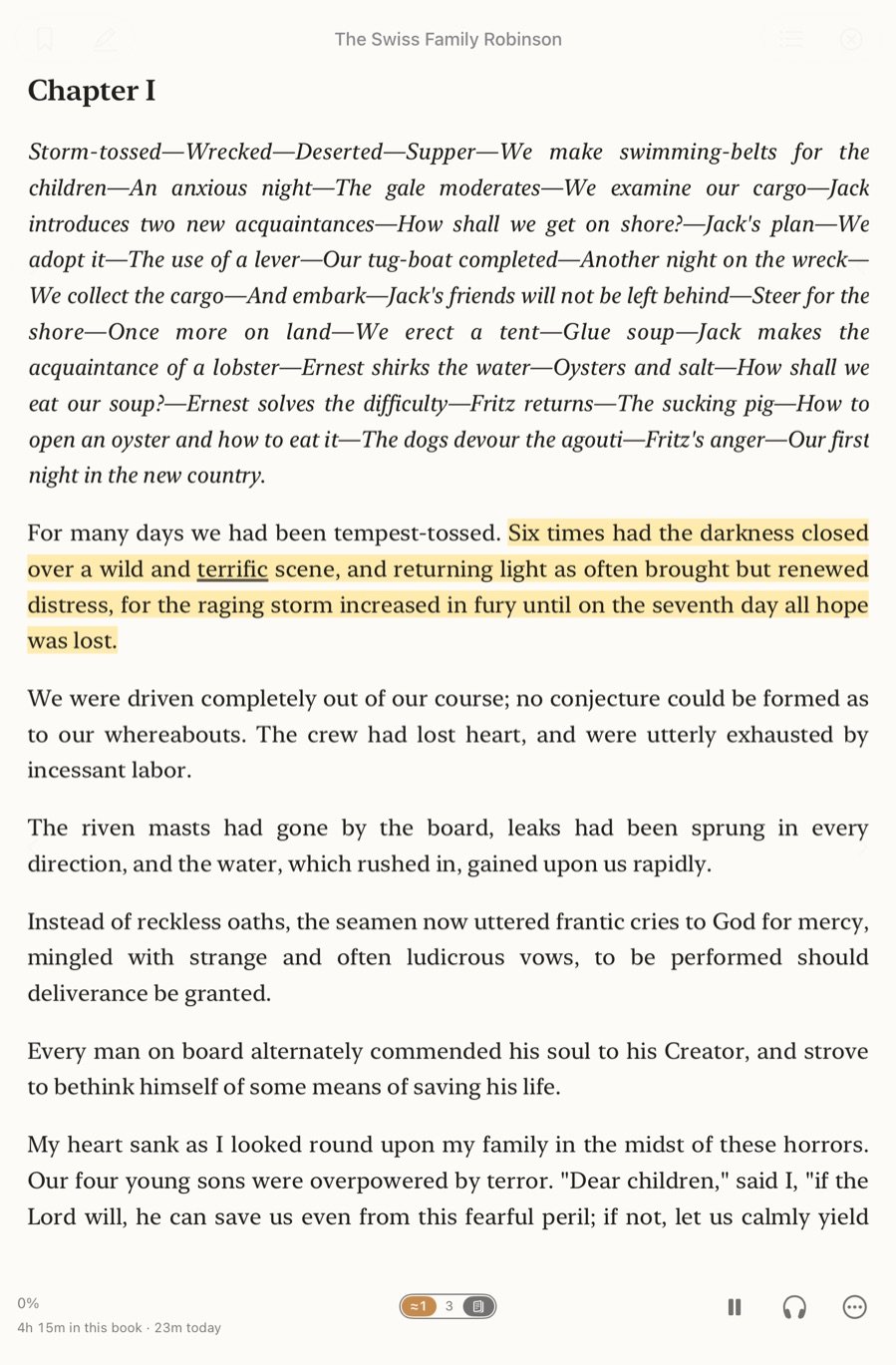 A page being read aloud, the sentence highlighted and its word underlined